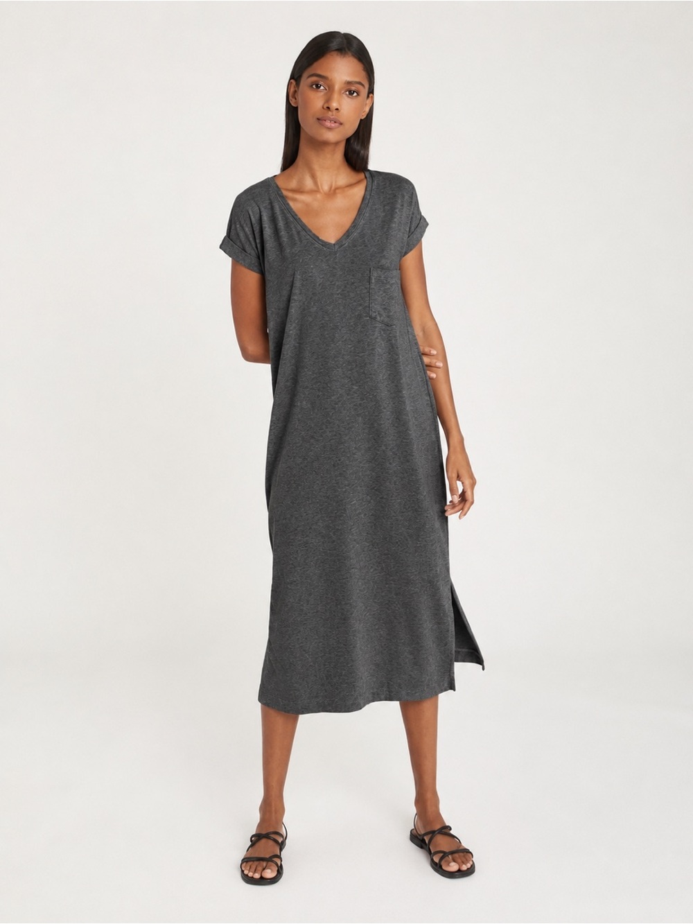 Cuyana Pima Cotton V-Neck Short Sleeve T-Shirt‎ Minimalist Casual Midi Dress SM